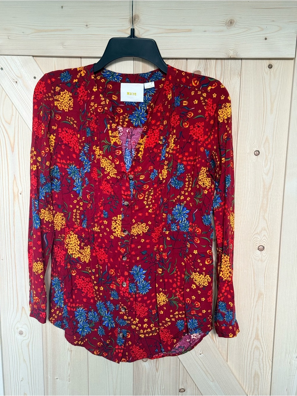 Maeve Crimson Floral V-Neck Tunic Style Button Blouse